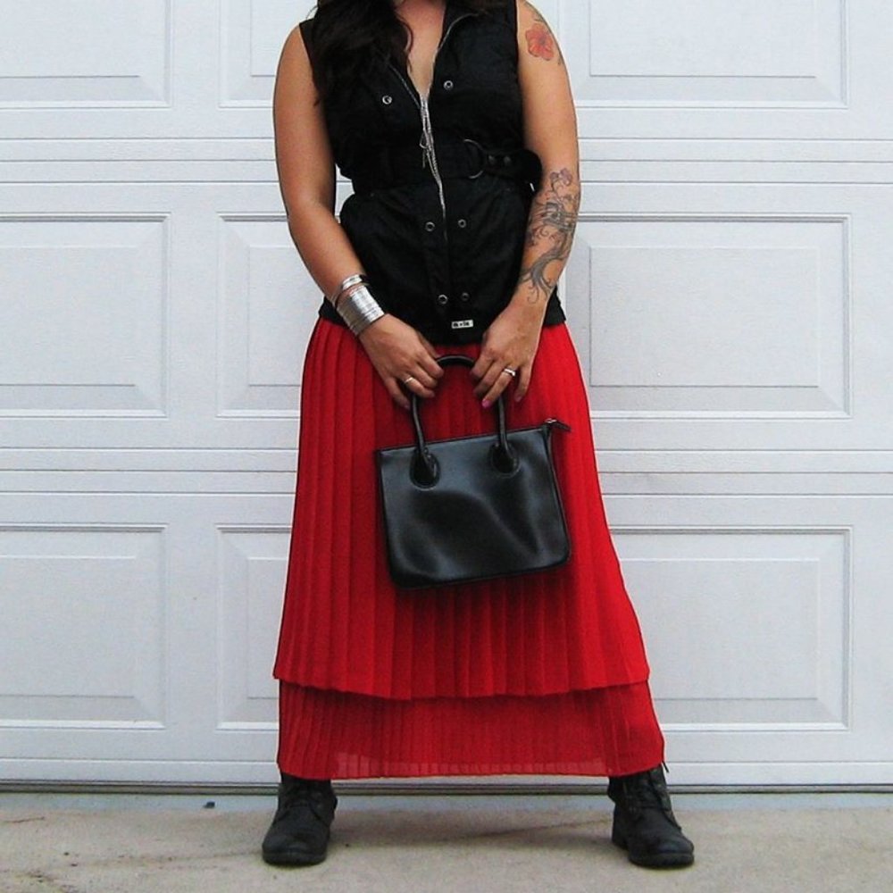 CAROL‎ HORN Vintage Red Double Pleated Full Length Elastic Skirt Sz S